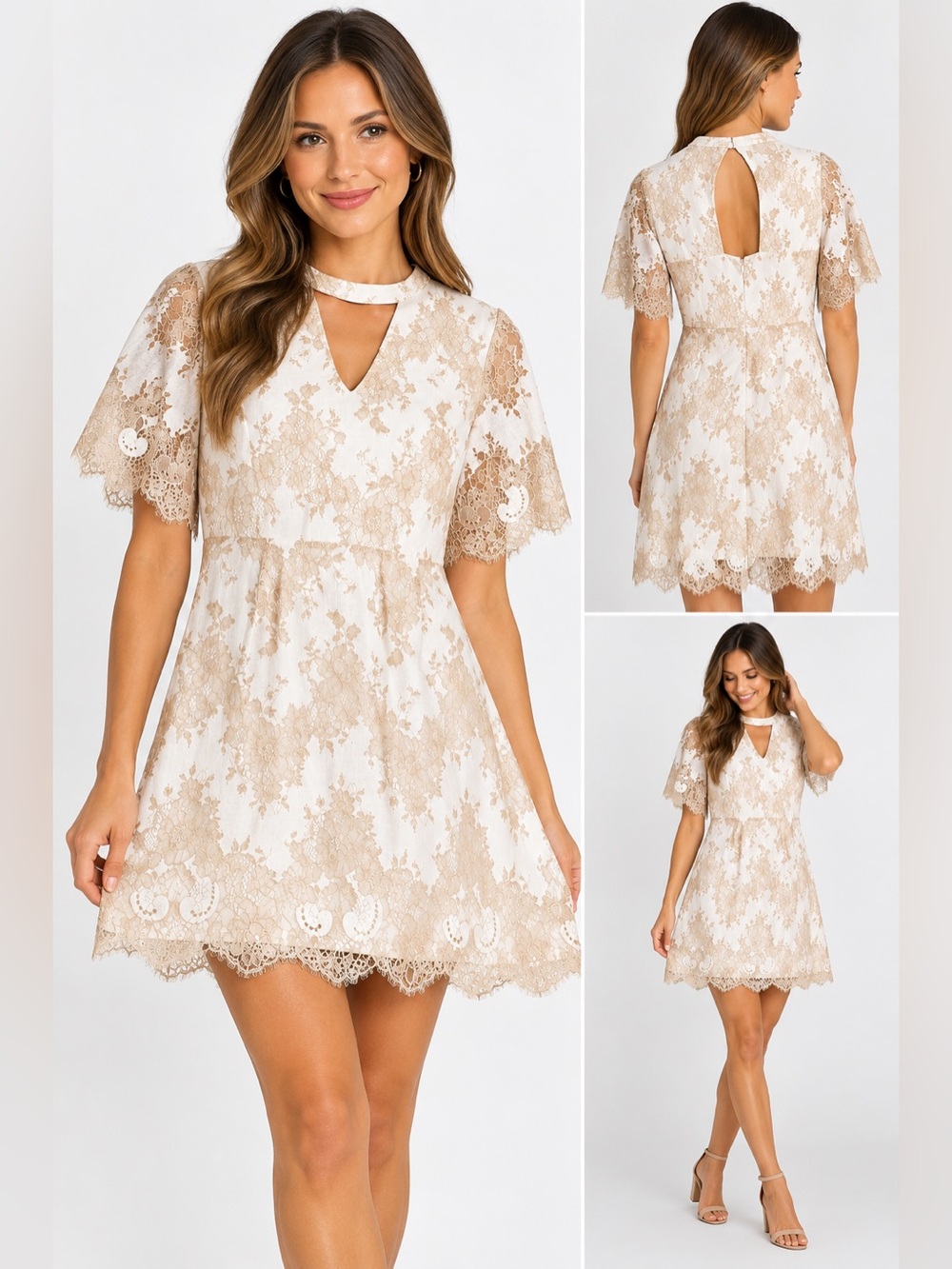 Altard State Ivory Beige Lace Short Sleeve Dress Size Large